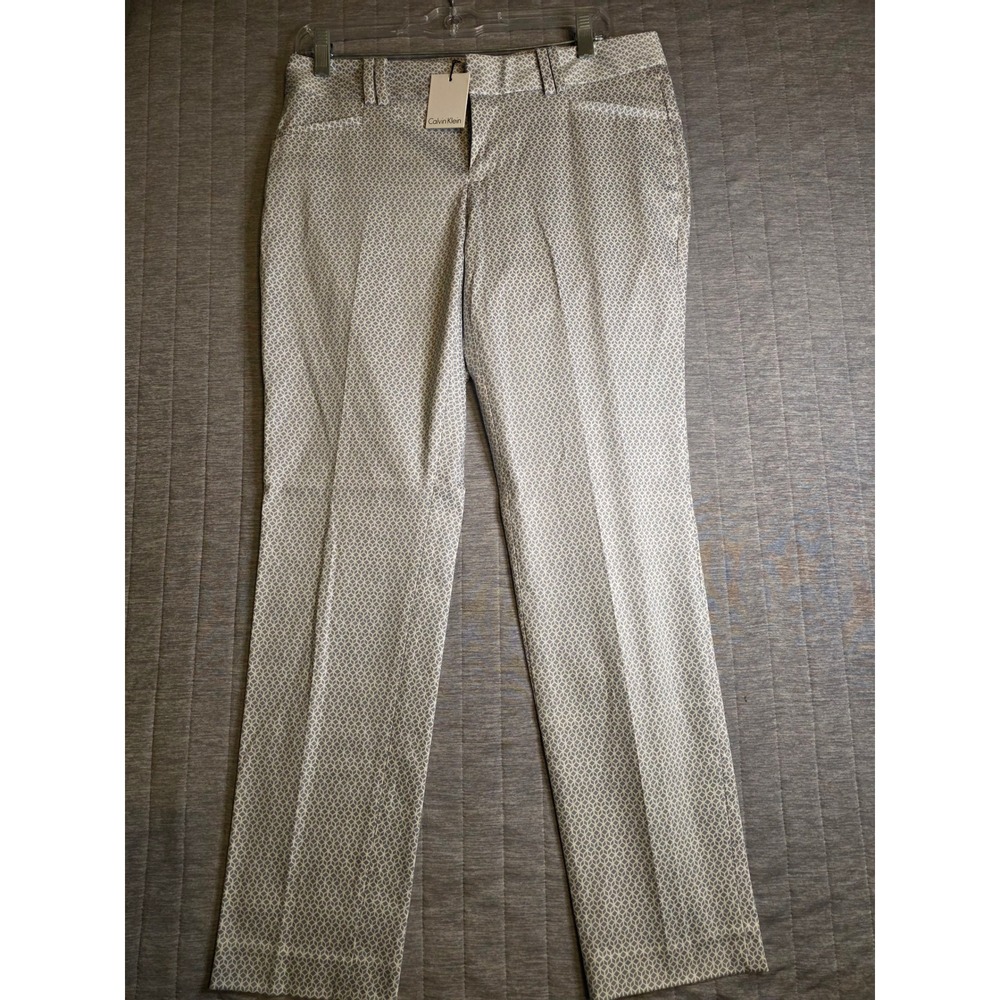 1432 Calvin Klein Women Gray Wht Geometric Diamond Print Straight Leg Pants Sz 6